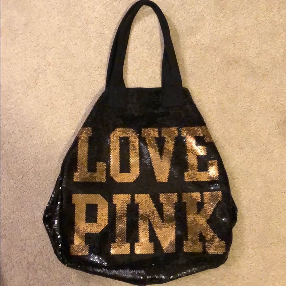 VS PINK black and gold sequin slouchy tote bag